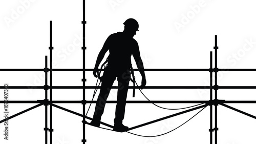 Construction worker on scaffolding with safety gear