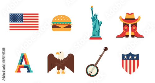 Iconic American Symbols Collection: Flag, Burger, Statue of Liberty, Cowboy Gear, Eagle, Banjo, Shield