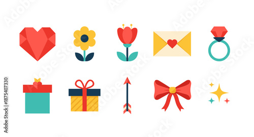 Collection of romantic and celebratory icons including heart, flowers, gifts, and engagement ring