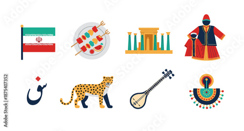 Collection of Iranian cultural symbols and landmarks in flat design style