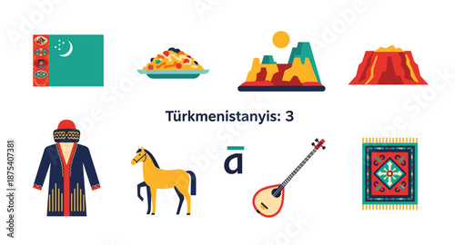 Turkmenistan culture icons: flag, food, landscape, clothing, horse, music, and carpet