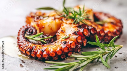 Grilled octopus tentacles served on a plate with fresh rosemary, a delicious gourmet seafood starter