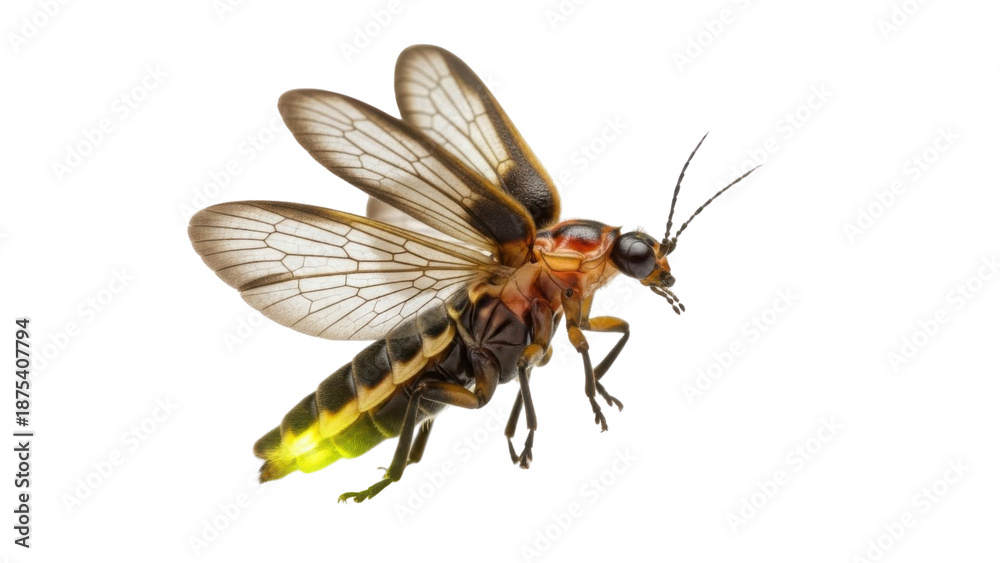 Fototapeta premium Flying Firefly with Glowing Abdomen Isolated on White Background