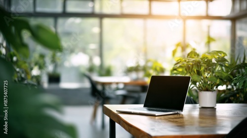 Laptop on wooden desk in a bright greenhouse style cafe or office space promoting remote work and natural light