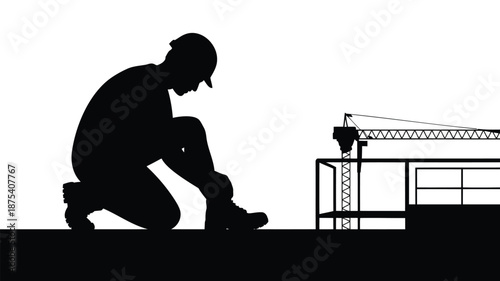 Construction worker kneeling near crane on building site