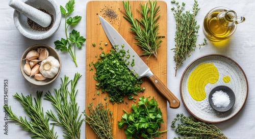 A kitchen counter with various herbs and ingredients for cooking, including rosemary, garlic, and olive oil.