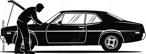 Man inspecting car engine with open hood, black and white silhouette vector illustration representing vehicle maintenance, auto repair, breakdown assistance, and mechanical service concepts