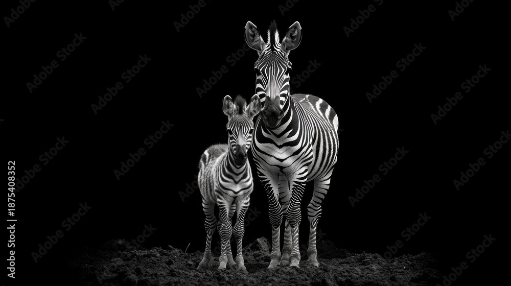 Obraz premium A black-and-white portrait of a zebra with her foal against a dark background will make an expressive backdrop for themes of ecology, wildlife or family values.