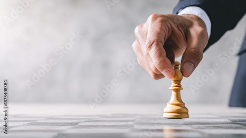 Businessman hand moving a bishop chess piece on a board. Conceptualizing strategy, decision making, and leadership in business