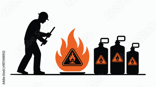 Firefighter battling flames with gas cylinders nearby