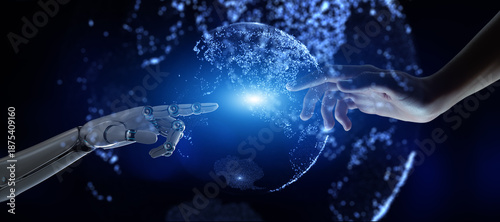 Bilde på lerret Human and Robotic Hand Interaction Representing Global Digital Connectivity and Artificial Intelligence 3d render