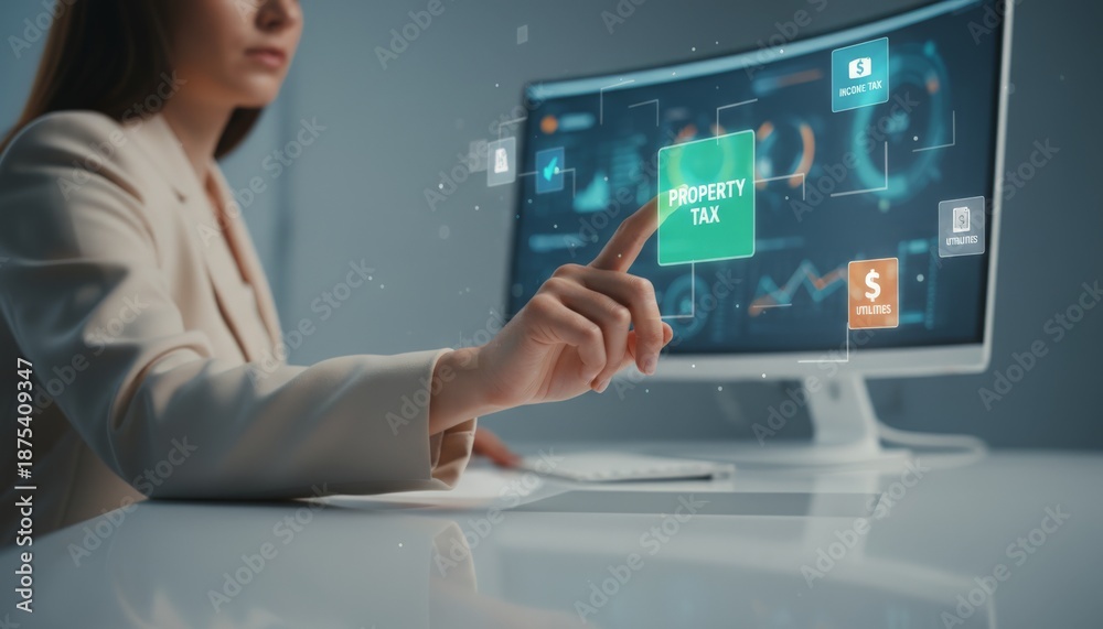 Obraz premium Businesswoman interacting with a digital interface on a curved monitor, tapping property tax and managing various financial data, income tax, and utilities online in a modern office environment