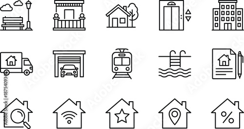 Black Line Real Estate Icon Set Featuring House Search, Apartment Building, Moving Truck, Garage, Swimming Pool, Elevator, Train, Park Bench, and Mortgage Symbols
