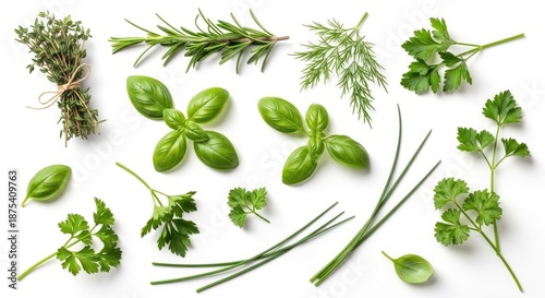 A variety of fresh herbs arranged on a white background, including basil, rosemary, thyme, and parsley.