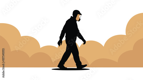 Person walking alone with protective gear on in cloudy environment