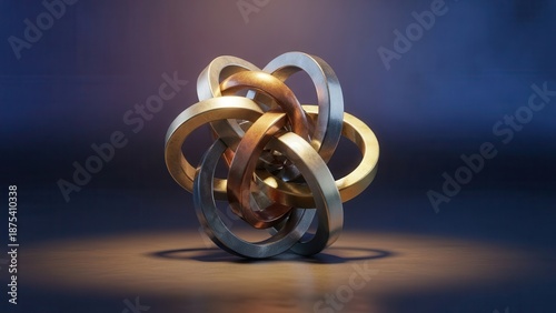 Artistic Metal Sculpture with Interlocking Rings on Blue Background