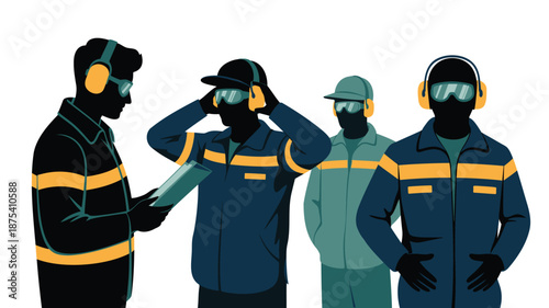 Workers in safety gear discussing plans on site