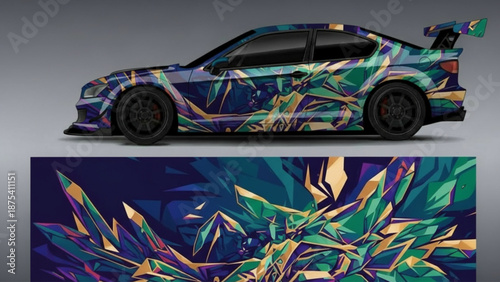 Vibrant abstract geometric car wrap design featuring sharp crystalline shapes in blue, green, and gold on a sports coupe.