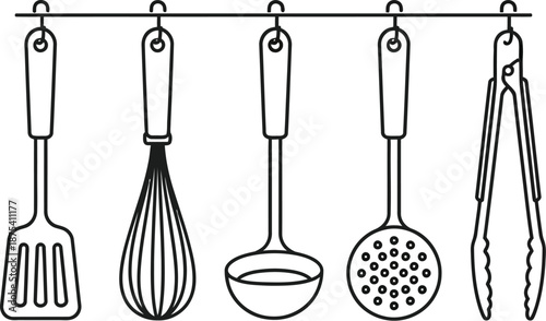 Simple black and white line art illustration depicting various essential cooking utensils hanging neatly from a horizontal rack above a plain background.