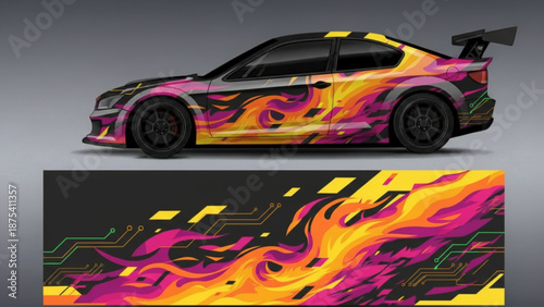 Sporty car with a vibrant, abstract flame and circuit board graphic wrap design.