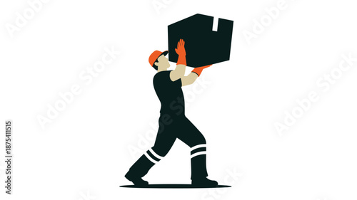 Man carrying large box on shoulder diligently