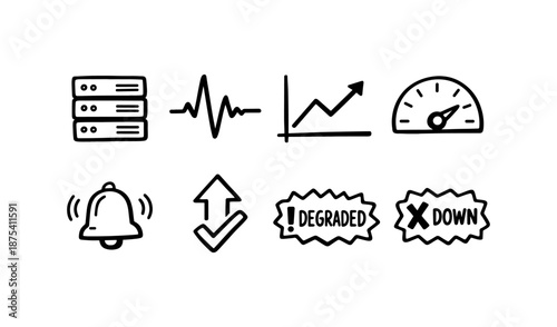 Doodle icons representing server status, alerts, and performance metrics
