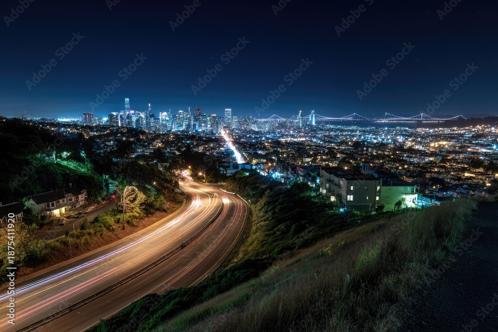 Fototapeta premium Long exposure shot capturing city skyline at night with car trails and hillside view