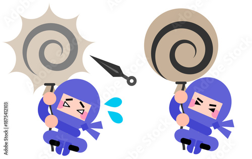 風船で浮かぶかわいい忍者キャラクターのイラストセット