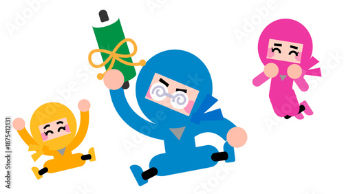 巻物を掲げて喜ぶかわいい忍者キャラクターのイラストセット