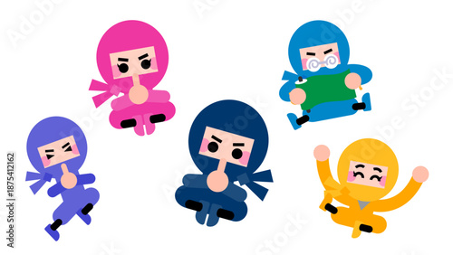 ポーズ違いのかわいい忍者キャラクターのイラストセット