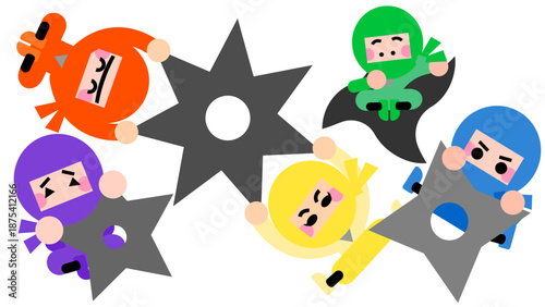 手裏剣を投げて戦うかわいい忍者キャラクターのイラストセット