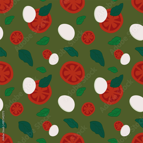 Modern seamless vector pattern featuring Caprese salad ingredients like tomatoes, mozzarella, and basil on olive green, perfect for Italian food packaging and kitchen textiles.