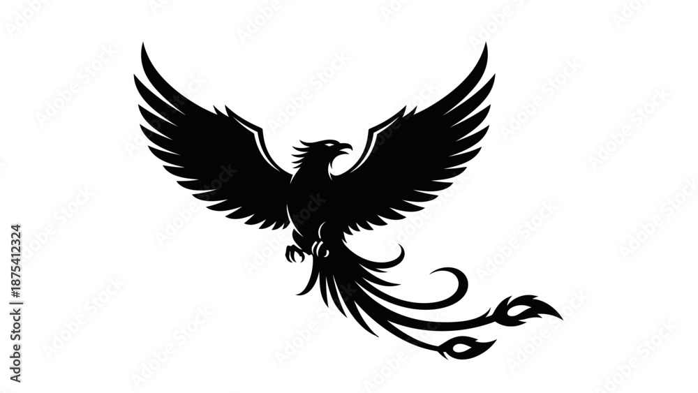 Obraz premium Black Phoenix Bird Silhouette Flying Illustration.