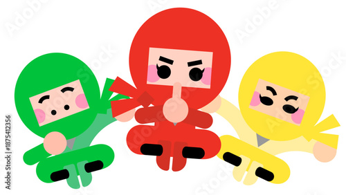 並んでポーズをとるかわいい忍者キャラクターのイラストセット