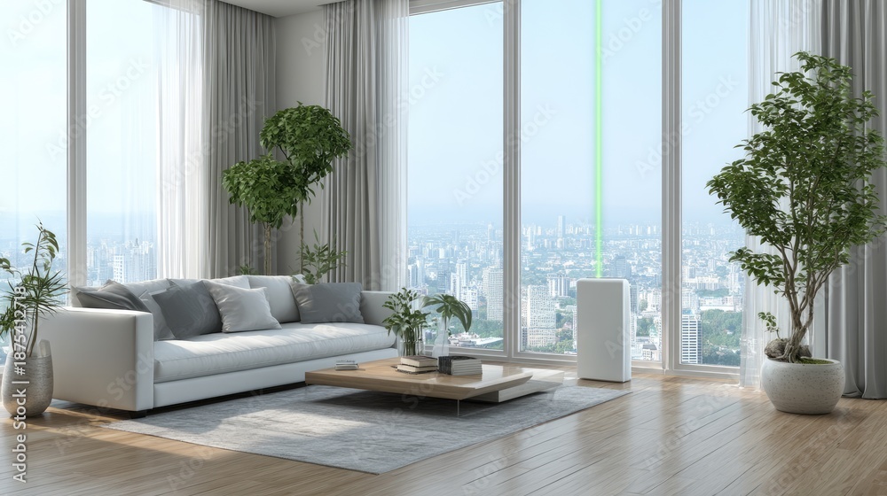 Fototapeta premium Modern Bright Living Room with City View Featuring Sofa, Plants, Coffee Table, and Large Windows in Urban Environment