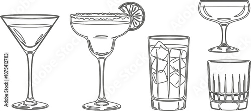 Outline illustration collection featuring five distinct cocktail and beverage glasses including a martini coupe highball and rocks glass outline vector set