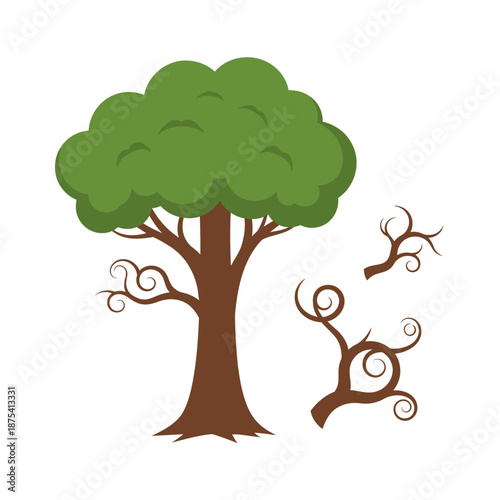 Stylized Tree with Swirling Branches and Green Foliage on White Background