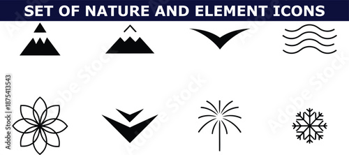 A set of nature and element icons featuring mountains, waves, flowers, and snowflakes