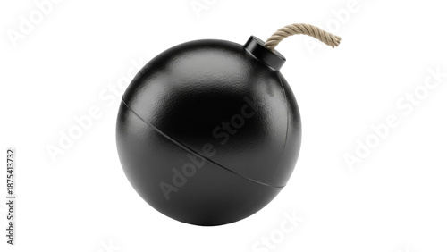 Classic black round bomb with lit fuse isolated PNG, cartoon explosive device for danger, war, and destruction concepts