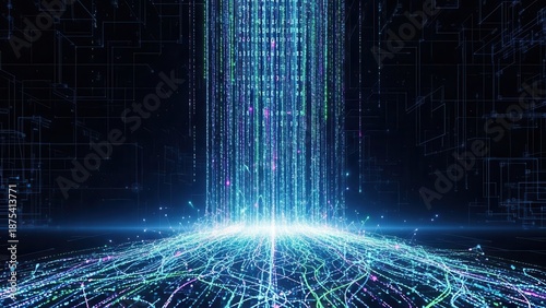 Bright Digital Rainfall Over Futuristic Network Background Visuals