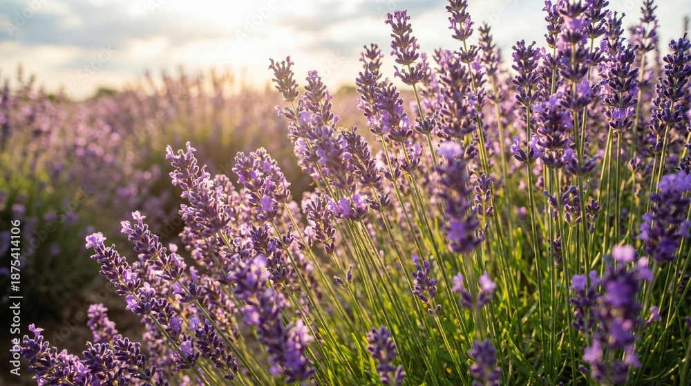 Obraz premium Close up view of vibrant purple lavender flowers in a field at golden hour with sunlight illuminating the stalks