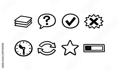 Hand drawn icons for common user interface actions and status indicators