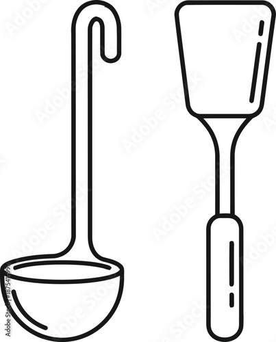 Simple black and white line art icon set depicting essential kitchen cooking utensils like a ladle and a turner spatula for food preparation concepts