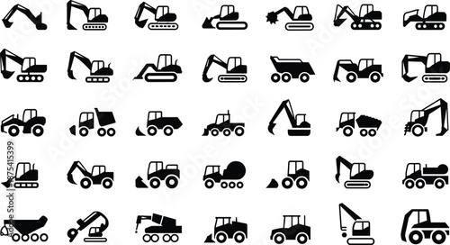 Construction machinery icons, black silhouettes, excavators, bulldozers, dump trucks, cranes, loaders, tractors, heavy equipment, grid layout, industrial vehicles