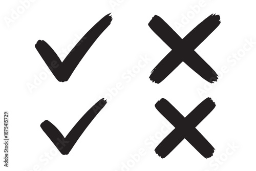 Hand drawn check mark icon set. tick, cross signs for checkbox, checklist, v and x in sketch doodle brush marker checklist symbol. grunge brush style vector illustration