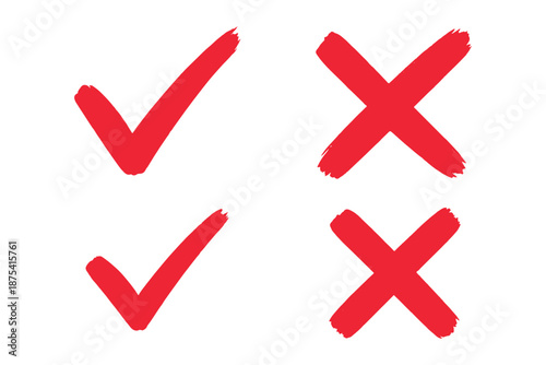 Hand drawn check mark icon set. tick, cross signs for checkbox, checklist, v and x in sketch doodle brush marker checklist symbol. grunge brush style vector illustration