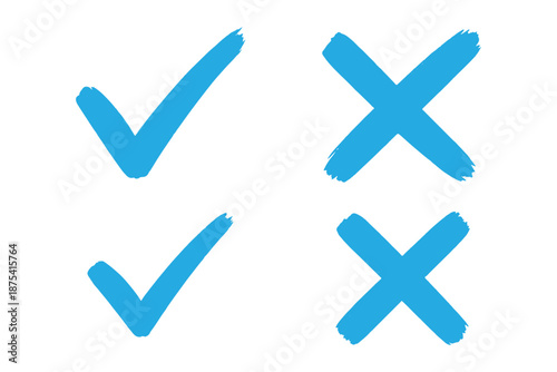 Hand drawn check mark icon set. tick, cross signs for checkbox, checklist, v and x in sketch doodle brush marker checklist symbol. grunge brush style vector illustration