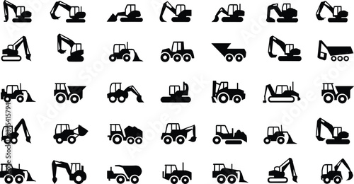 Construction vehicle silhouettes, black icons, excavators, bulldozers, dump trucks, loaders, rollers, backhoes, heavy machinery, grid layout, equipment set