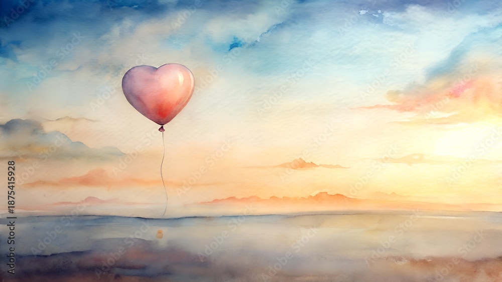 Obraz premium Pink Heart Shaped Balloon Floating Over Calm Water Reflecting Sunset Sky With Clouds