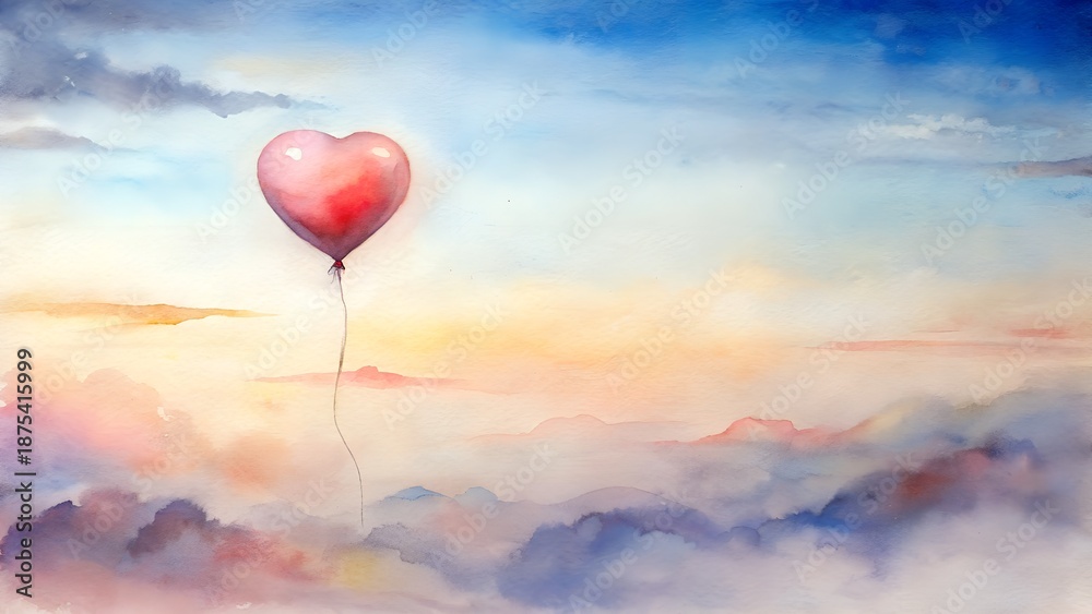 Obraz premium Red Heart Shaped Balloon Floating Above Clouds at Sunrise Warm Light Sky